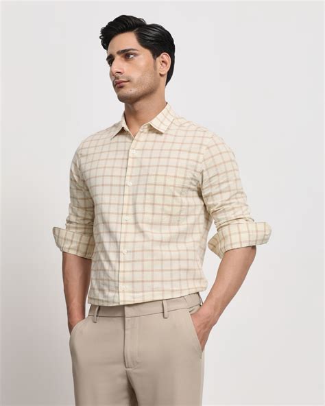Buy Beige Cotton Linen Check Slim Fit Casual Shirt Online at Muftijeans