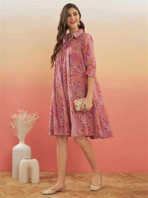 Pink Coral Floral Print Flared Dress - InWeave