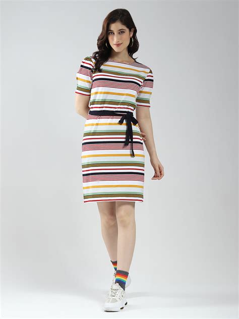 Buy Women Multicolor Stripe Round Neck Half Sleeve Dress Online in ...