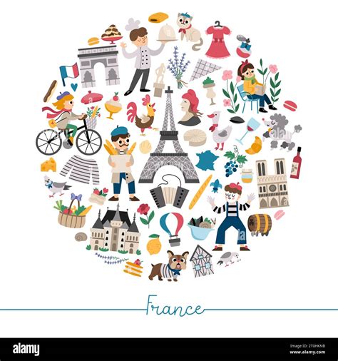 Vector French round frame with people, animals, Eiffel tower ...