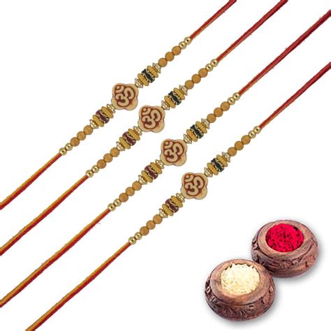 Omkar Rakhi Set of 4 with Roli Chawal and Raksha Bandhan Greeting Card ...
