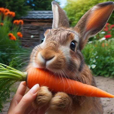 Premium Vector | A rabbit eating a carrot with a person holding it
