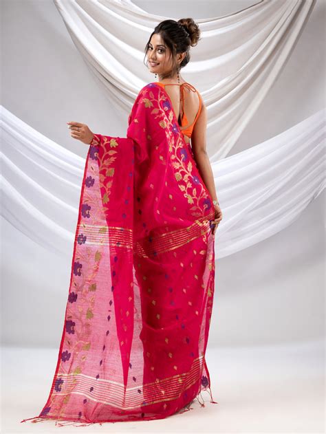 Hot Pink Cotton Blend Handwoven Saree With Floral Nakshi Borders ...