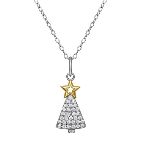 PRIMROSE Two Tone Sterling Silver Cubic Zirconia Christmas Tree Pendant ...