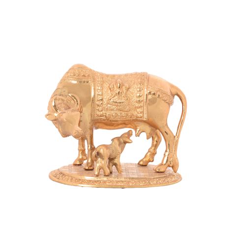 Golden Kamdhenu Cow and Calf Metal Figurine - eCraftIndia Online