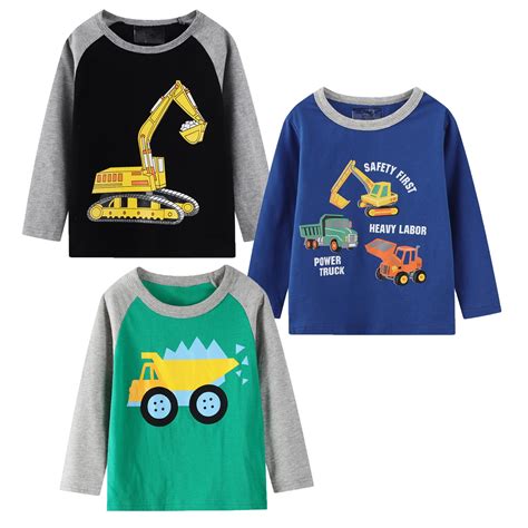 HILEELANG Toddler Boys Long Sleeve 3-Pack T-Shirts, Construction ...