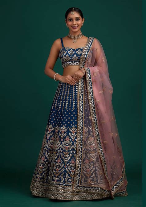 Buy Peacock Blue Gotapatti Raw Silk Semi Stitched Lehenga - Koskii