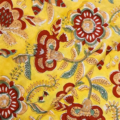 Pure Cotton Jaipuri Yellow And Red Wild Big Flower Jaal Hand Block Pri ...