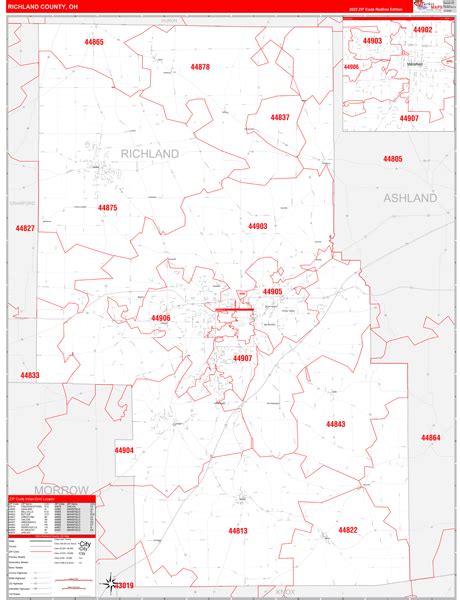 Richland County, OH Zip Code Wall Map Red Line Style by MarketMAPS ...