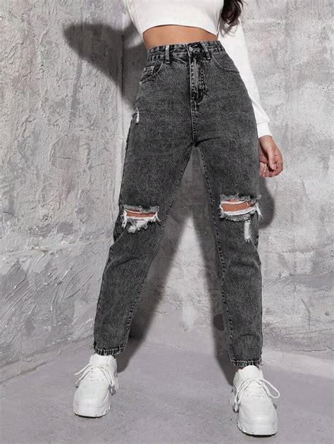 SHEIN EZwear High Waist Ripped Mom Jeans | SHEIN USA