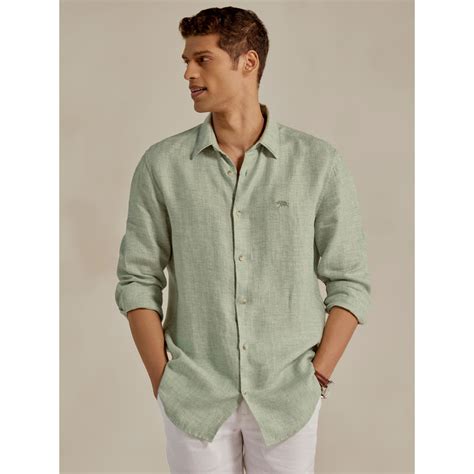 Buy Andamen Casual Men Linen Texture Green Regular Fit Shirt Online