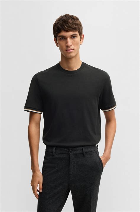 BOSS - Cotton-jersey T-shirt with signature-stripe cuffs - Black