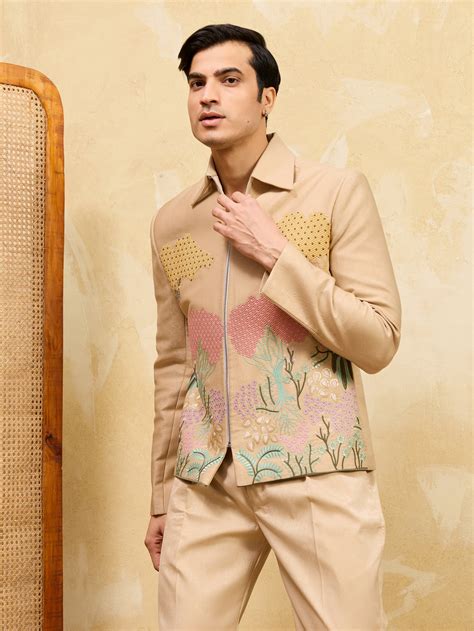 Beige Bomber Jacket with Embroidered Thread Work and Pant Set for Men ...