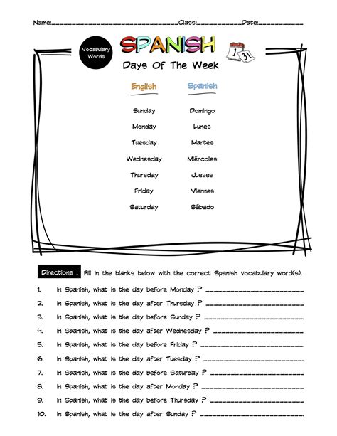 Spanish Days Of The Week Vocabulary Word List Worksheet & Answer Key ...