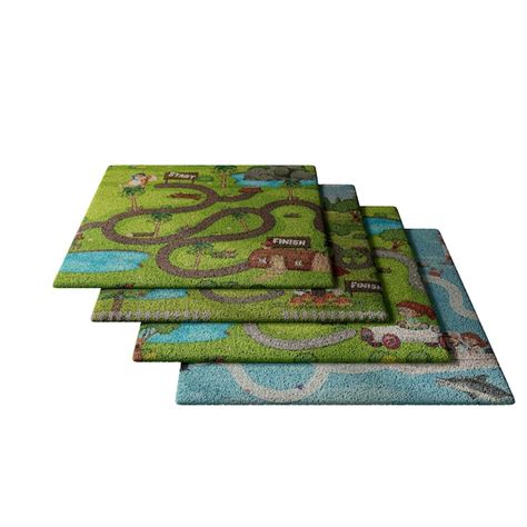 A set of four square mats with a green background and a blue background ...