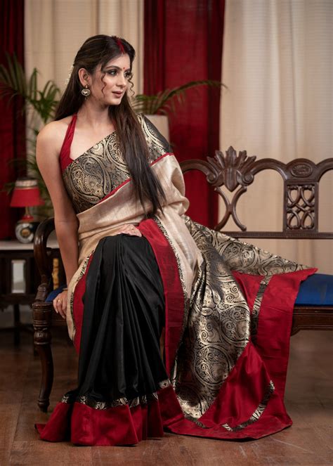 Tusser Silk & benarasi combination saree with black cotton silk pleats ...