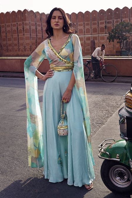 Buy Blue Crepe Cut Work Plunge Neck Abstract Pattern Bodice Jumpsuit ...