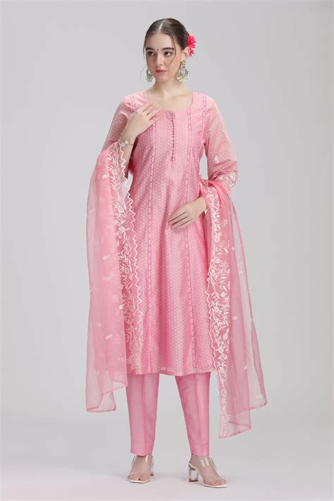 Light Pink Chanderi Embroidered A Line Kurta Pant and Dupatta Suit Set ...