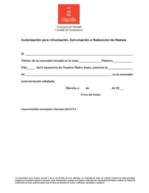 Fillable Online ayto-murcia Autorizacin para Inhumacin Exhumacin o ...