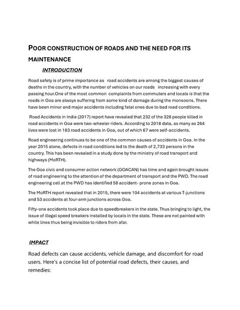 Socio legal project - POOR CONSTRUCTION OF ROADS AND THE NEED FOR ITS ...