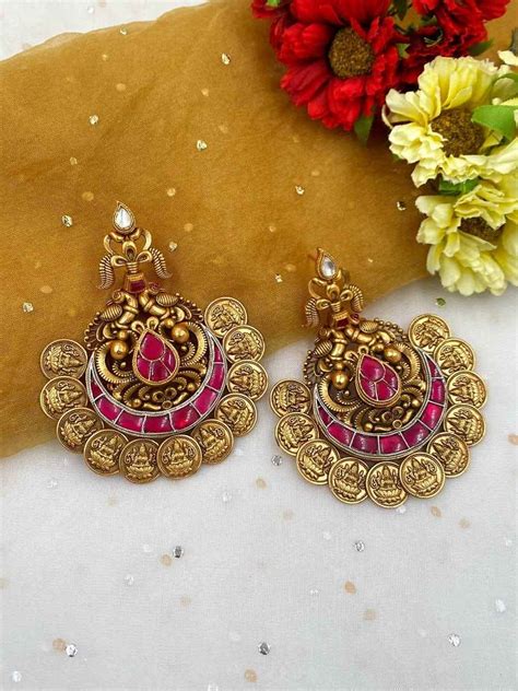 Gold Plated Lakshmi Devi Coin Chandbali Earrings For Women Online ...