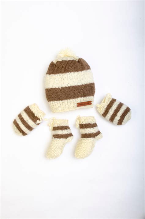 Handmade Striped Cap, Mittens & Socks- Brown & Off White – The Original ...