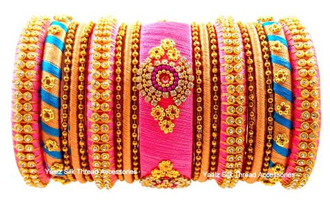 Yaalz Silk Thread Partywear Bangle Set In Pink, Copper Blue & Beige Co