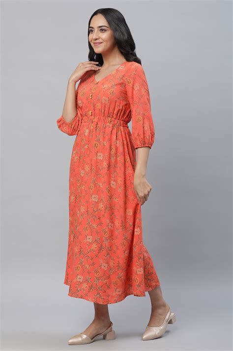 Buy Orange Floral Printed Gathered Dress Online for Woman | Shop for ...