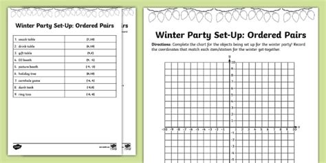 Fifth Grade Winter Party Set-Up: Ordered Pairs Worksheet