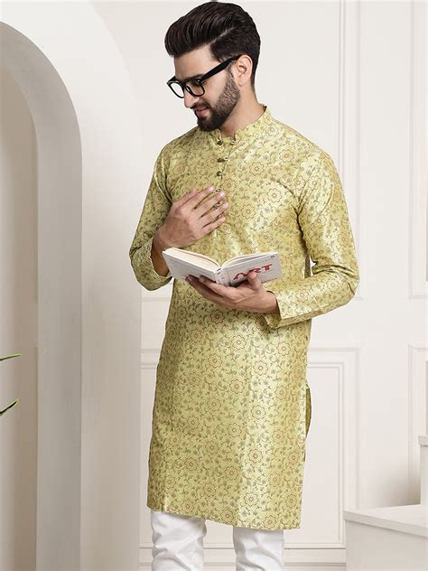 Men's Silk Blend Pista Green Printed Long Kurta – Sojanya