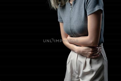 Abdominal pain woman, photo of large intestine on woman body, stomachache diarrhea symptom ...