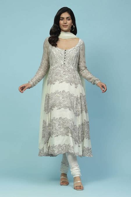 Buy White , Satin Embroidery Scoop Neck Shyla Floral Print Anarkali Set ...