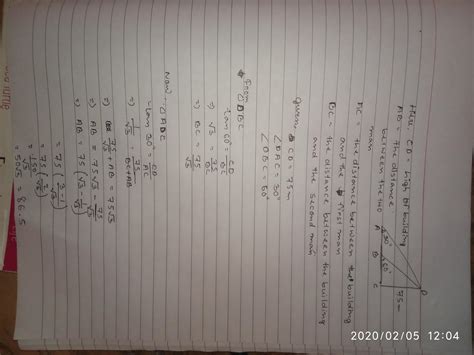 Two men on either side of a 75 m high building andin line with base of ...