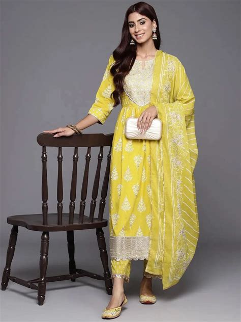 Buy Mustard Yoke Design Cotton A-Line Kurta With Palazzos & Dupatta ...
