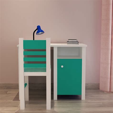 Kids Study Table & Chair, White & Green Color Study Table, Study Table ...