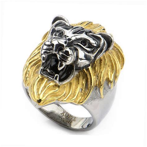 Buy Gold & Antiqued Silver Tone Stainless Steel Lion's Head Ring Online ...