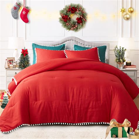 Amazon.com: Christmas Comforter Set Queen Size 3 Pieces Pom Pom Fringe ...