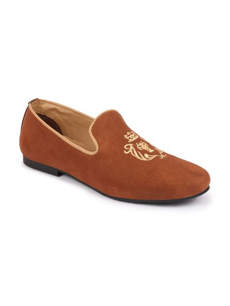 Shop Men Tan Embroidered Velvet Slip On Loafers Online.