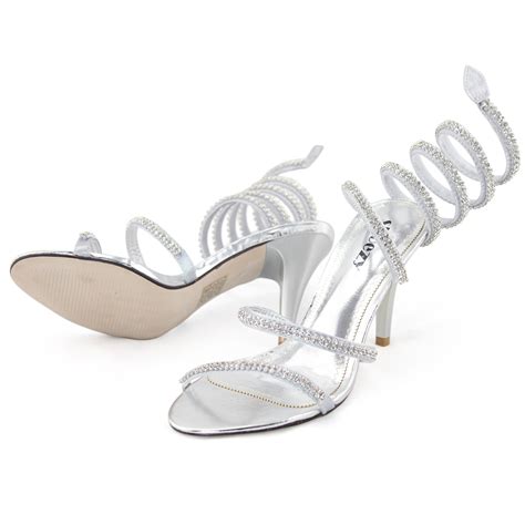 SHOEZY womens silver strappy diamante formal wedding prom dresses heels ...