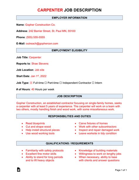 Free Carpenter Job Description Template | Sample - PDF | Word – eForms
