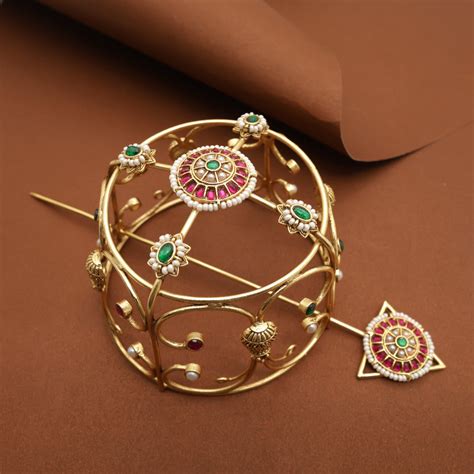 Jadau Kundan Hair Bun Holder With Juda Stick (Multi) - Hair Bun Access ...