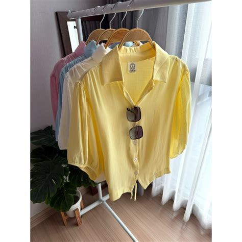 [อก 42] เสื้อเชิ๊ตแขนพองผูกเอวผ้าคอตตอนเนื้อบาง (บาง ใส่สบาย) (MA4 ...