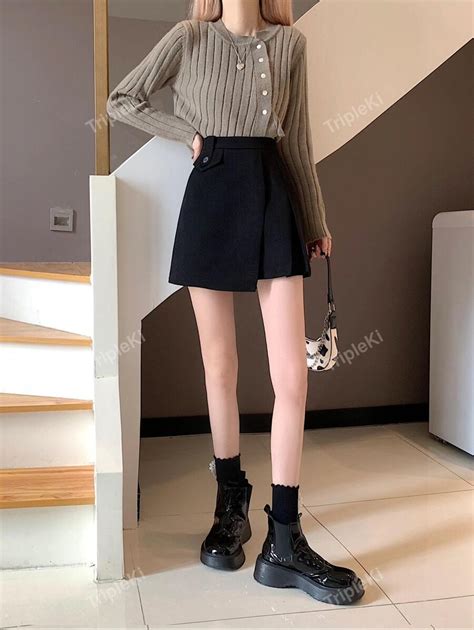 Solid Overlap Front Skirt | SHEIN USA