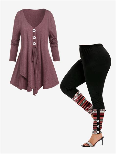 Plus Size Tie Asymmetrical Jersey Tunic Top and Geometry Print Leggings ...