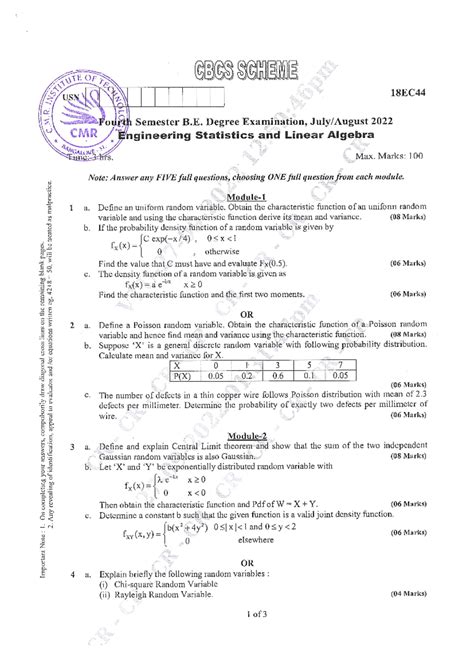 VTU Question Paper of 18EC44 Engineering Statistics & Linear Algebra ...