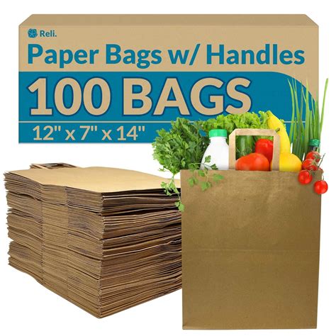 Reli. Paper Grocery Bags w/Handles (100 Pcs, Bulk)(12"x7"x14") Large ...