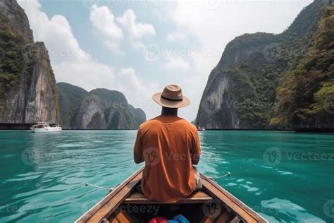 Tourist man in hat relaxing on boat at the beautiful islands, back view ...