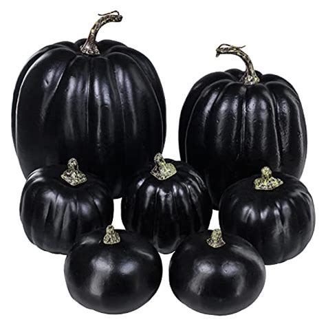 Winlyn 7 Pcs Assorted Artificial Black Pumpkins Halloween Pumpkins Faux ...