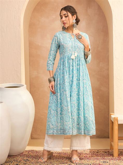 Women Blue Floral Front Dori Gathered Kurta