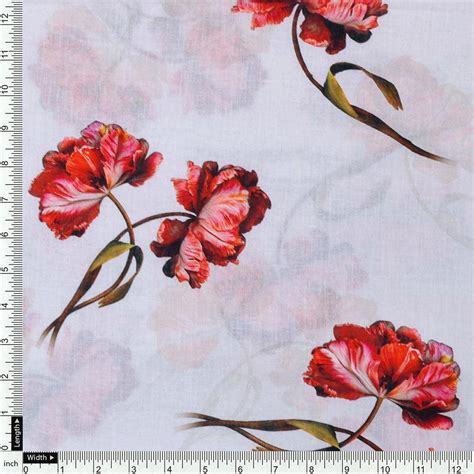 Digital Printed Cotton Fabric White with Red Flowers Unstitched Fabric ...